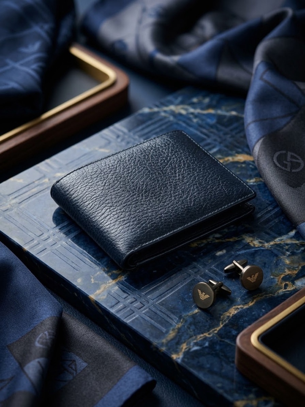 Authentic Armani Collezioni Men's Midnight Blue Grained Leather Bi-Fold Wallet - Picture 2 of 5